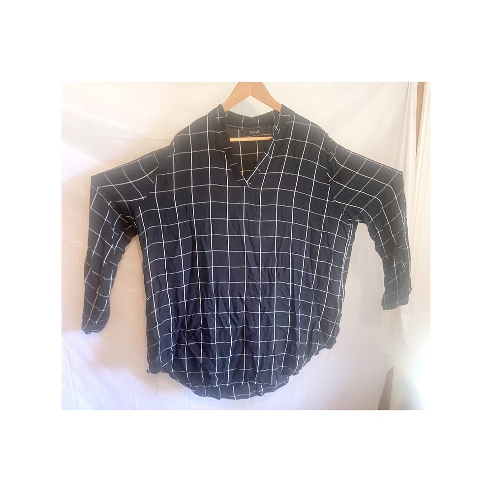 Amaryllis Women Black White Windowpane Grid V-Neck Roll Tab Sleeve Tunic 3XL